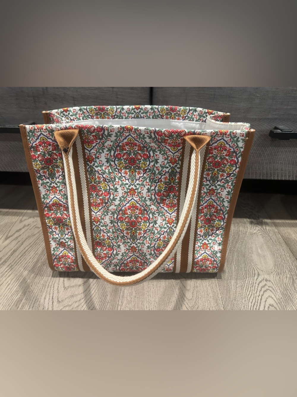 Bodne Floral Canvas Tote Bag with Tan Trim